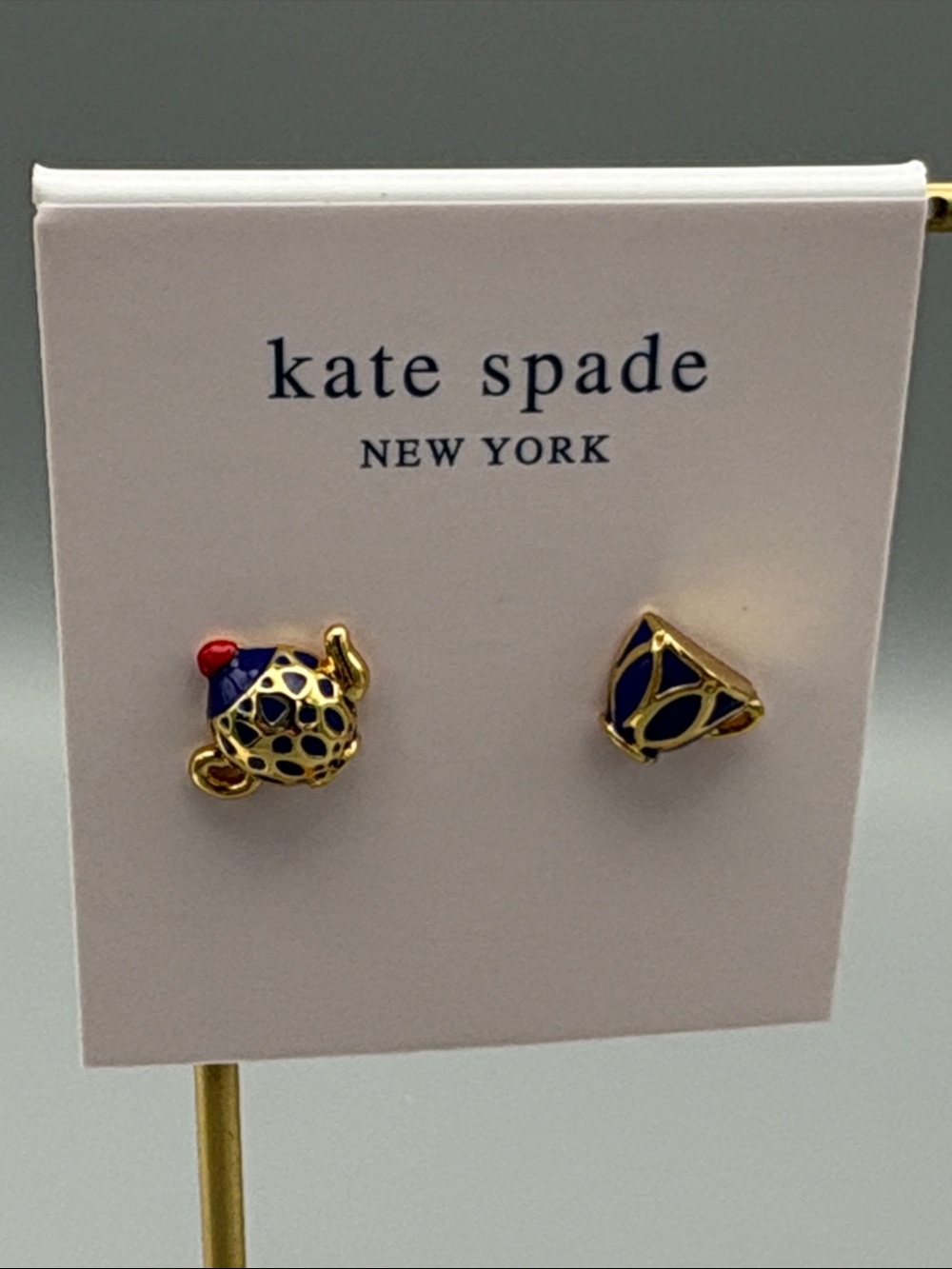 kate spade Gold-tone Blue Teapot & Cup Mismatch Stud Earrings with Red Accent